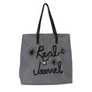 TOUS "Real Jewel" Moda Tote Bag Boiled Felt Gray Black Leather Garnet Rhinestone